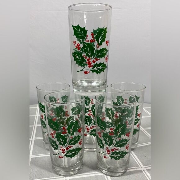 Vtg Holiday Beverage Set Holly Berries Leaves Indiana Glass Christmas Drinkware - Picture 1 of 9